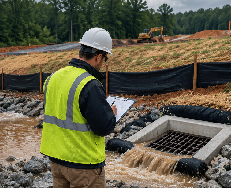Erosion-control field inspection at a construction site with stormwater runoff, silt fence, inlet protection, and an inspector documenting site conditions